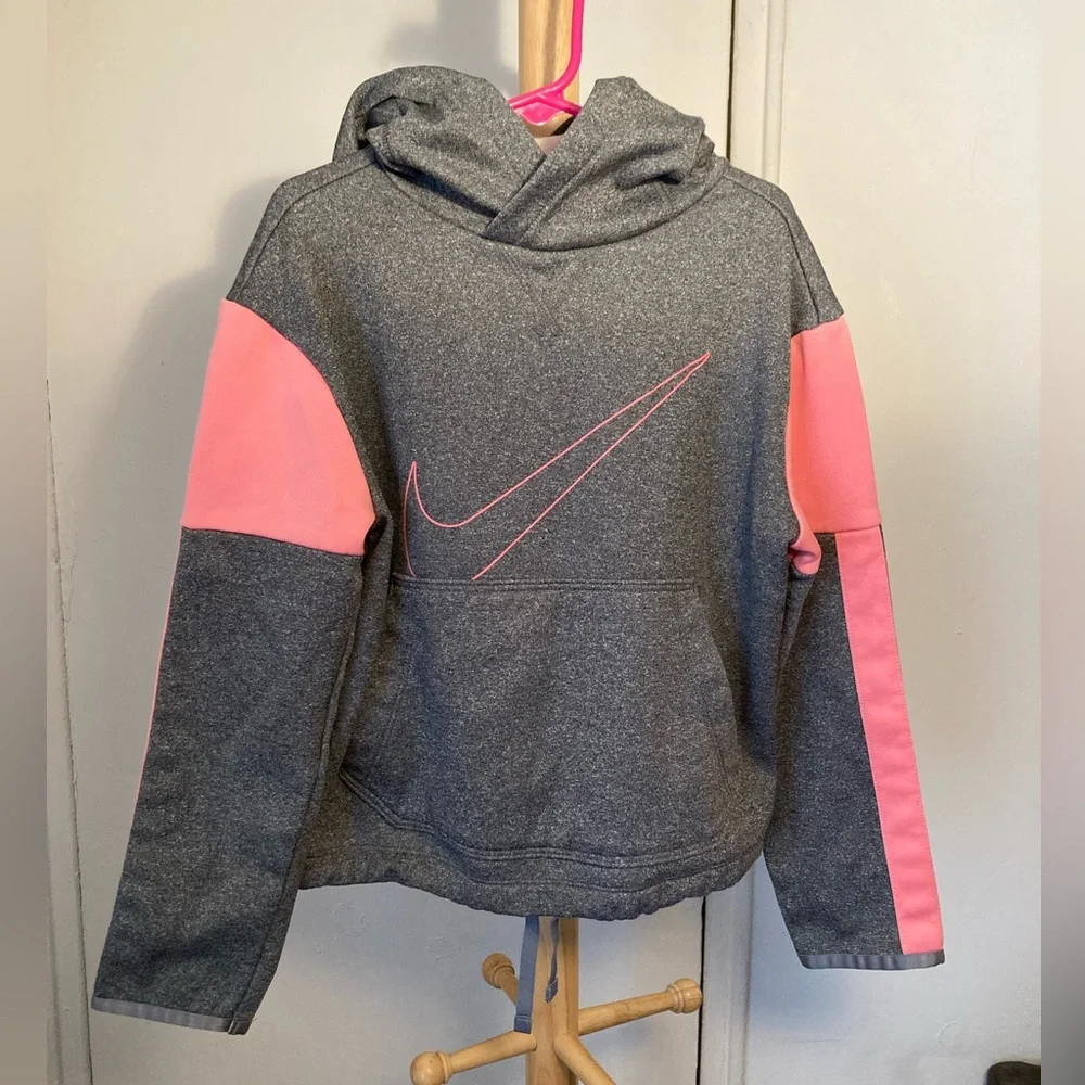 Nike Dri Fit Kids Heathered Gray and Pink Nike Swoosh Light Fleece Lined Hoodie